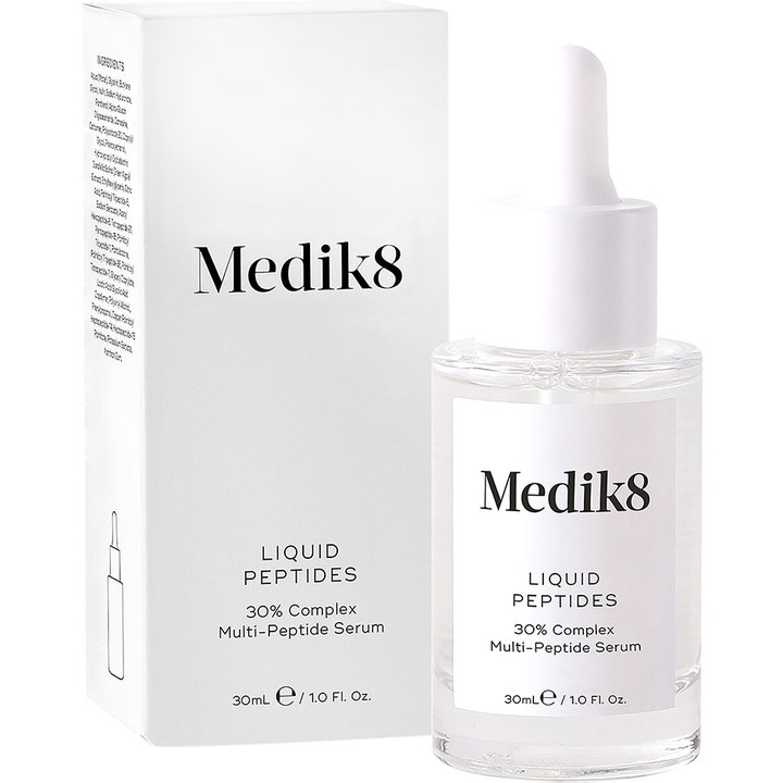 Medik8 Liquid Peptides 30 ml serum med 30% peptide complex i klar glasflaske med hvid pipette og æske