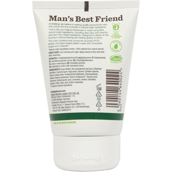 Bulldog Original Moisturiser fugtgivende ansigtscreme på hvid tube med ingrediensliste og vegansk logo