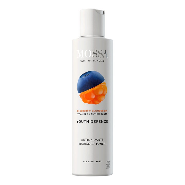 Mossa Youth Defence Radiance Toner 200ml glødgivende skintonic i hvid plastflaske med illustration af bær.