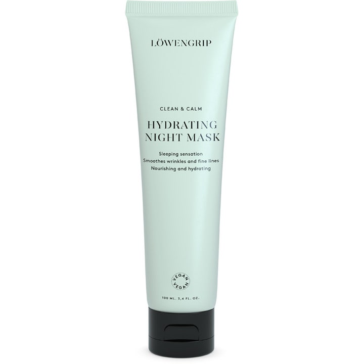 Löwengrip Clean & Calm Hydrating Night Mask 100 ml fugtgivende natmaske der udglatter fine linjer i lysegrøn tube med sort låg