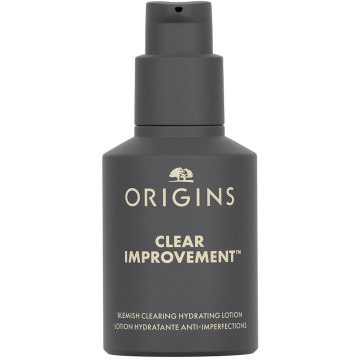 Origins Clear Improvement Blemish Clearing Hydrating Lotion fugtgivende ansigtslotion i mat mørkegrå pumpeflaske.