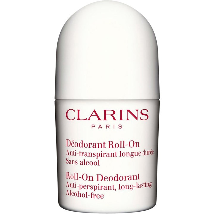 Clarins Roll-On Deodorant 50 ml alkoholfri anti-perspirant i hvid plastbeholder med rødt logo og afrundet top.