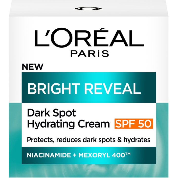 L'Oréal Paris Bright Reveal Dark Spot Hydrating Day Cream 50 ml dagcreme i hvid og turkis æske med SPF 50 og niacinamid.