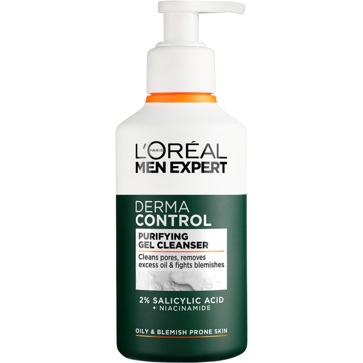 L'Oréal Men Expert Derma Control Purifying Gel Cleanser mod urenheder i hvid og mørkegrøn pumpeflaske med salicylsyre
