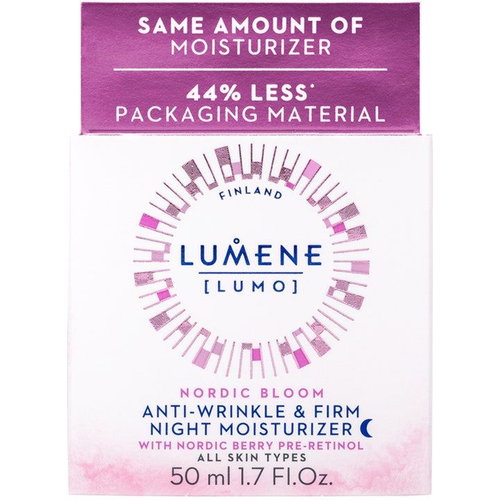 Lumene Nordic Bloom 50 ml nattcreme i hvid æske med lilla detaljer og 44 % mindre emballage.