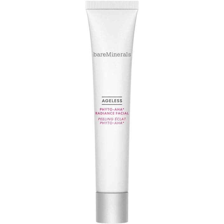 bareMinerals Ageless Phyto-AHA Radiance Facial ansigtspeeling giver glød i en hvid tube med sølvfarvet låg