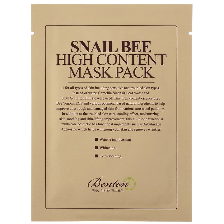Benton Snail Bee High Content Mask Pack 1 stk beroligende sheet mask i beige indpakning med snegleslim og bigift.