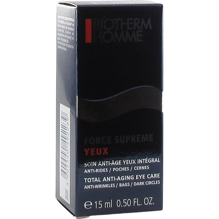 Biotherm Homme Force Supreme Yeux 15 ml øjencreme i mørkeblå papæske der modvirker rynker og poser under øjnene.