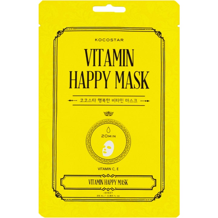Kocostar Vitamin Happy Mask 25 ml ansigtsmaske der giver glød i en klar gul sachet med sorte detaljer