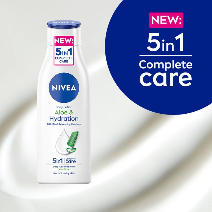 NIVEA Aloe & Hydration Body Lotion 250 ml fugtgivende kropspleje i hvid flaske med 5in1 Complete Care grafik.