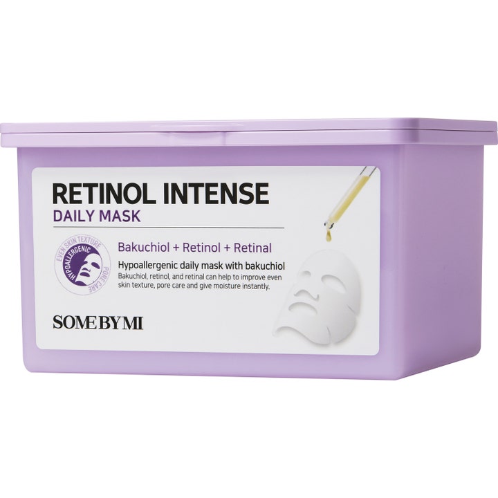 Some By Mi Retinol Intense Daily Mask 30 stk hudfornyende ansigtsmasker i lilla plastboks med hvid etiket.