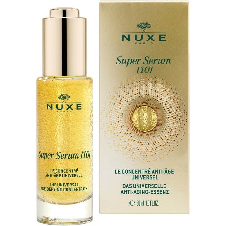 Nuxe Super Serum 10 30 ml anti-age ansigtsserum i glasflaske med guldpipette ved siden af æsken