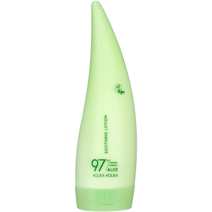 Holika Holika Aloe Natural Formula 97% Soothing Lotion 240 ml vegansk bodylotion i lysegrøn aloe bladformet flaske