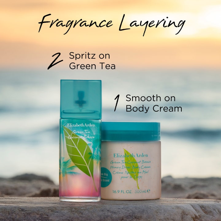 Elizabeth Arden Green Tea Coconut Breeze 500 ml fugtgivende body cream og spray i krukke på strand ved solnedgang