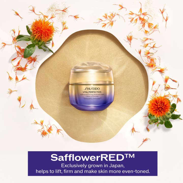 Shiseido Vital Perfection Advanced Day Cream 50 ml opstrammende dagcreme i guld og lilla krukke med saflorblomster.