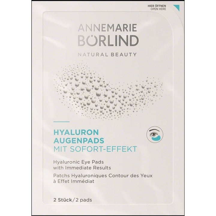 Annemarie Börlind Hyaluronic Eye Pads 2 stk fugtgivende øjenmaske med hyaluronsyre i hvid sachet med blå skrift.