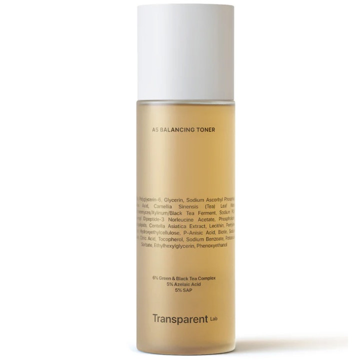 Transparent Lab A5 Balancing Toner 200 ml balancerende toner med azelainsyre i klar flaske med hvidt låg og gylden væske