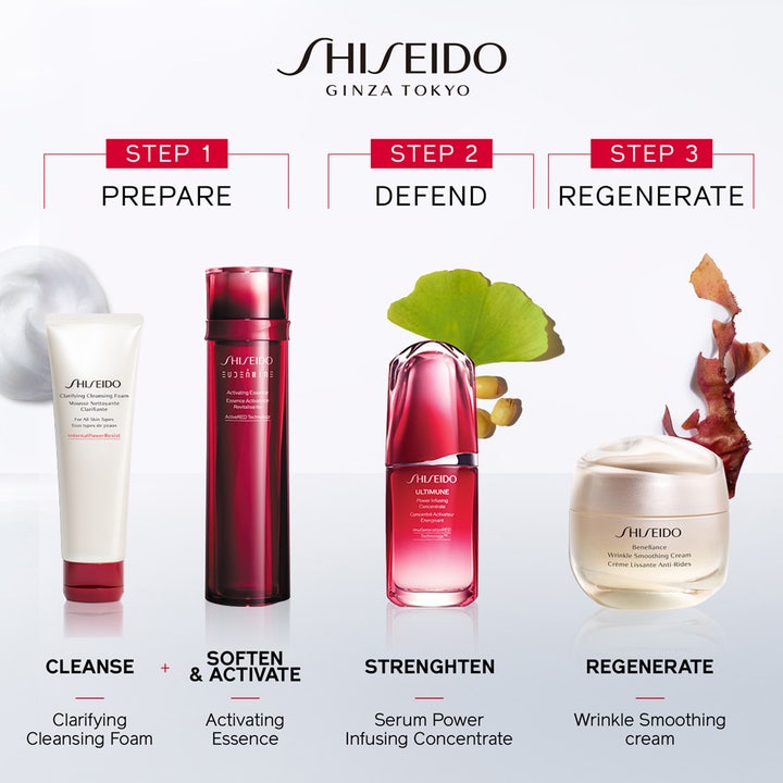 Shiseido Benefiance Wrinkle Smoothing Cream 50 ml dagcreme i en 3-trins hudplejerutine med serum og rens