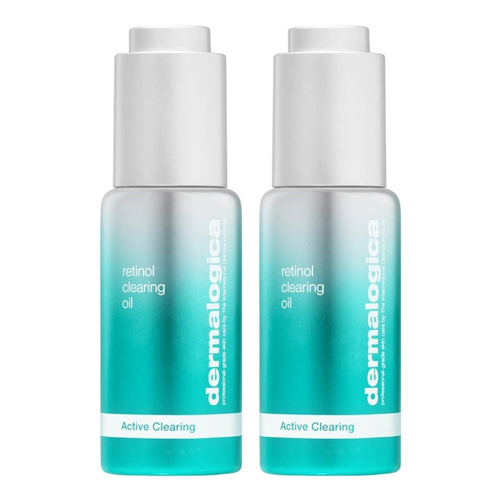 Dermalogica Retinol Clearing Oil 30 ml ansigtsolie mod urenheder to turkise og sølvfarvede flasker med hvidt låg