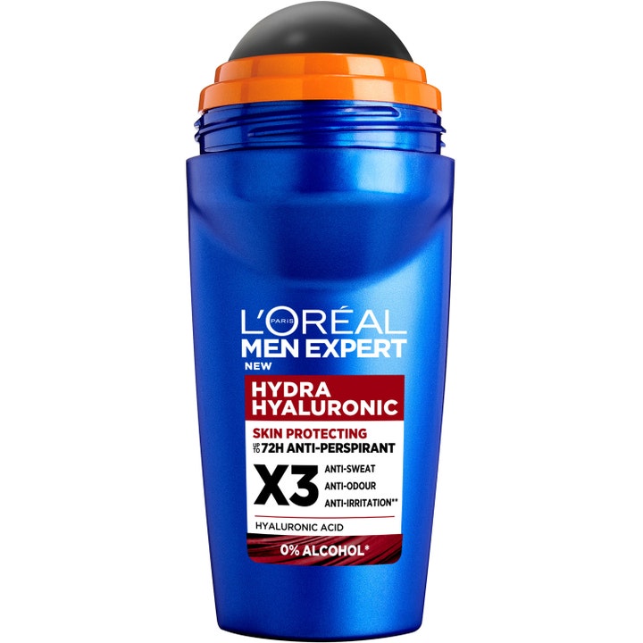 L'Oréal Men Expert Hydra Hyaluronic beskyttende anti-perspirant roll-on i blå flaske med stor sort kugle