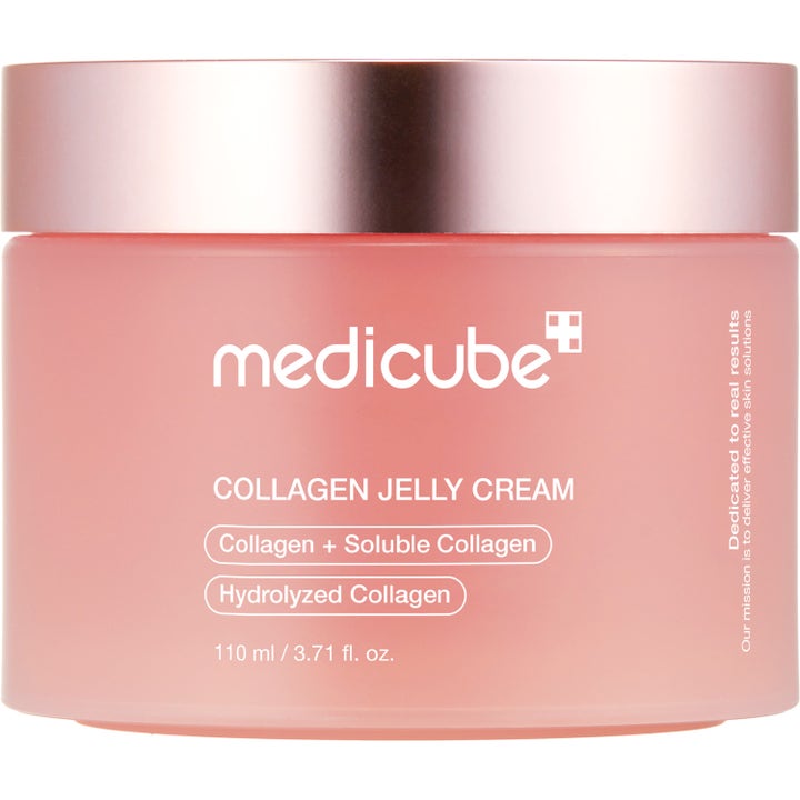 Medicube Collagen Jelly Cream 110 ml fugtgivende ansigtscreme i en lyserød frostet krukke med metallisk låg