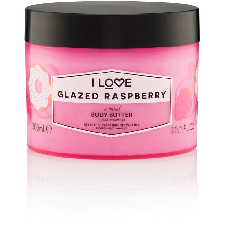 I LOVE Glazed Raspberry 300ml fugtgivende body butter i lyserød krukke med sort låg og hindbærmotiv