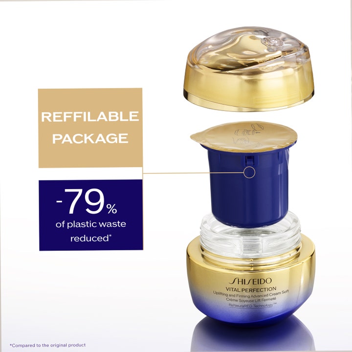 Shiseido Vital Perfection Advanced Soft Cream 50 ml opstrammende dagcreme med refill-system i guld og blå.