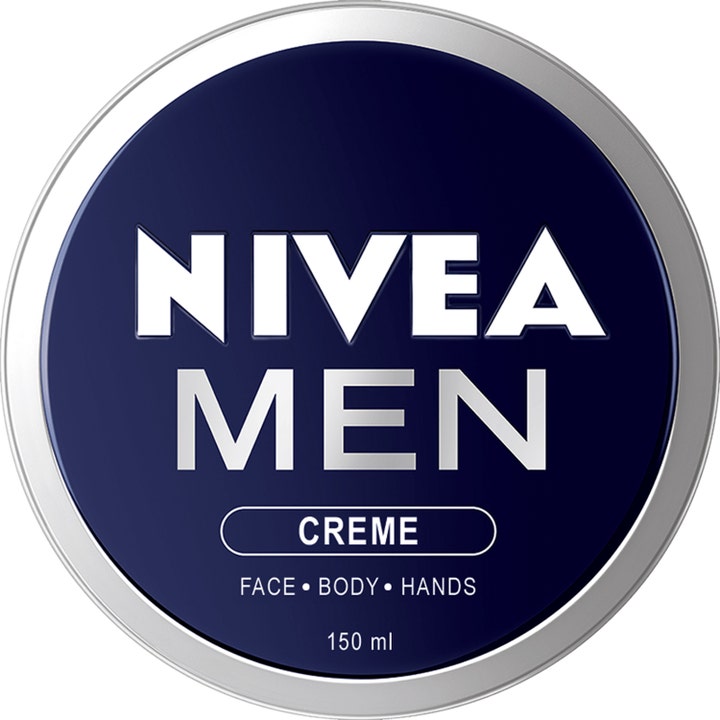 Nivea Men Creme 150 ml fugtgivende creme til ansigt og krop i en klassisk mørkeblå metaldåse med sølvdetaljer.