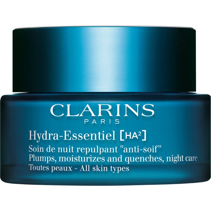 Clarins Hydra-Essentiel [HA²] fugtgivende natcreme der giver fylde i en elegant blå glaskrukke med mørkeblåt låg.