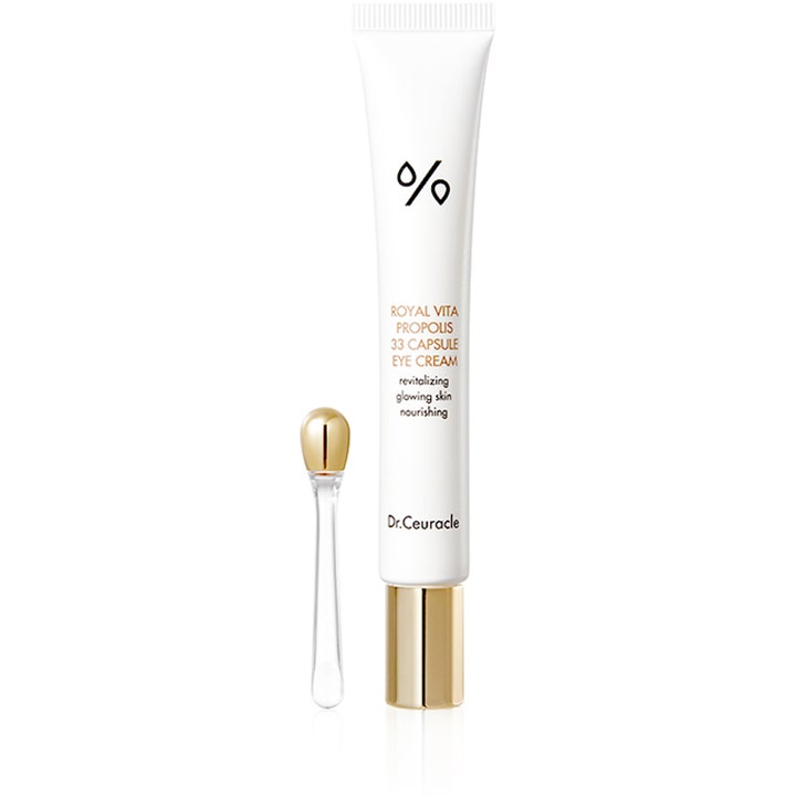 Dr. Ceuracle Royal Vita Propolis 33 Capsule Eye Cream revitaliserende øjencreme i hvid tube med guldapplikator.
