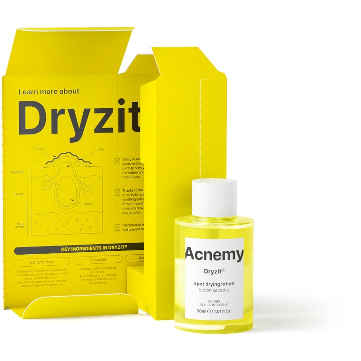 Niche Beauty Lab Acnemy Dryzit 30 ml spot treatment mod urenheder i klar glasflaske og gul papæske