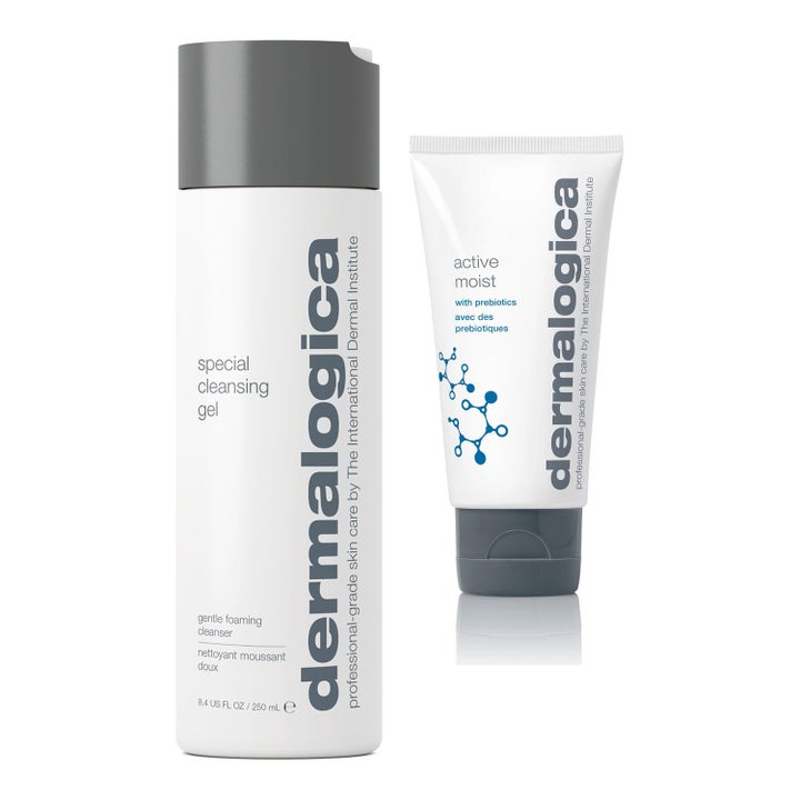 Dermalogica Special Cleansing Gel og Active Moist fugtgivende ansigtspleje i hvid flaske og tube med grå låg