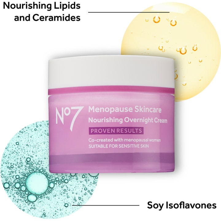 No7 Menopause Skincare Nourishing Overnight Cream 50 ml nærende natcreme med lipider og ceramider i lyserød krukke.