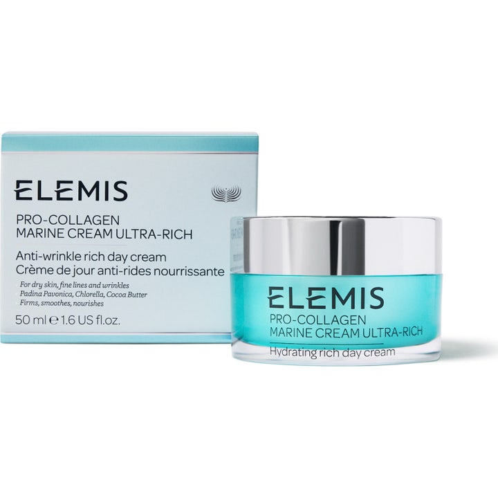 Elemis Pro-Collagen Marine Cream Ultra Rich 50 ml fugtgivende dagcreme i turkis glaskrukke med sølvlåg og æske
