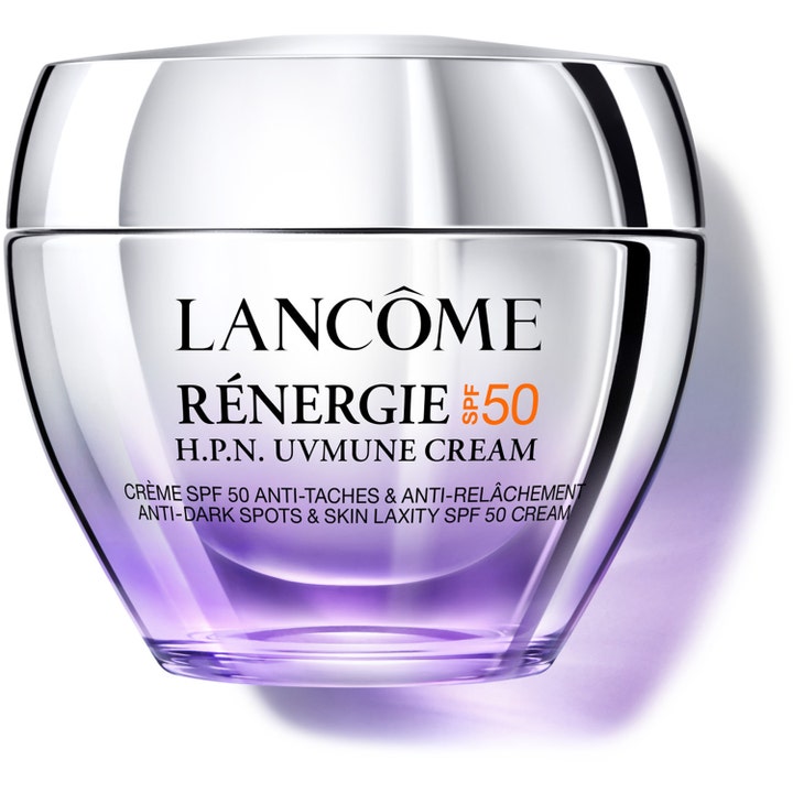 Lancôme Rénergie H.P.N. Uvmune Cream SPF 50 mod mørke pletter i en smuk lilla glaskrukke med metallisk sølvlåg