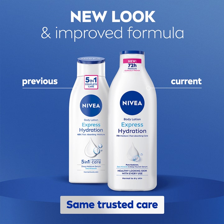 NIVEA Express Hydration Body Lotion 400 ml fugtgivende bodylotion viser nyt design med 72h fugt og hyaluron