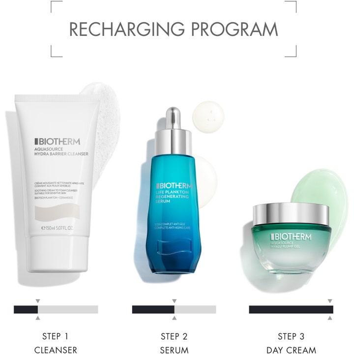 Biotherm Aquasource Hyalu Plump Gel 50 ml fugtgivende dagcreme i grøn krukke vist som trin 3 i en rutine