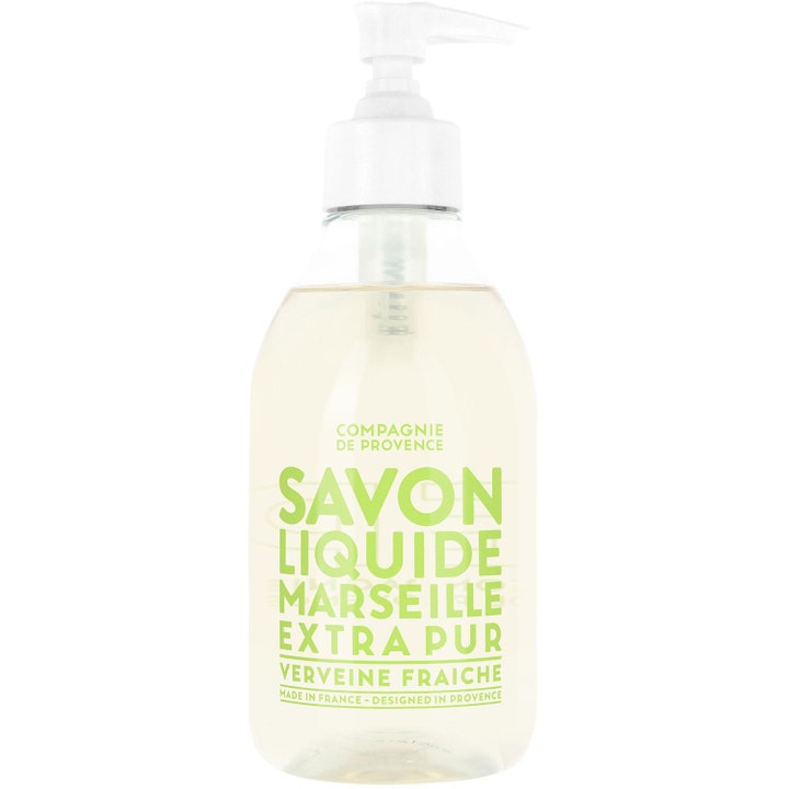 Compagnie de Provence Savon Liquide Marseille Verveine Fraiche opfriskende flydende sæbe i klar flaske med hvid pumpe.