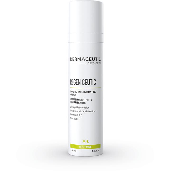 Dermaceutic Regen Ceutic 40 ml fugtgivende ansigtscreme i hvid, stilren pumpeflaske med limegrønne detaljer.