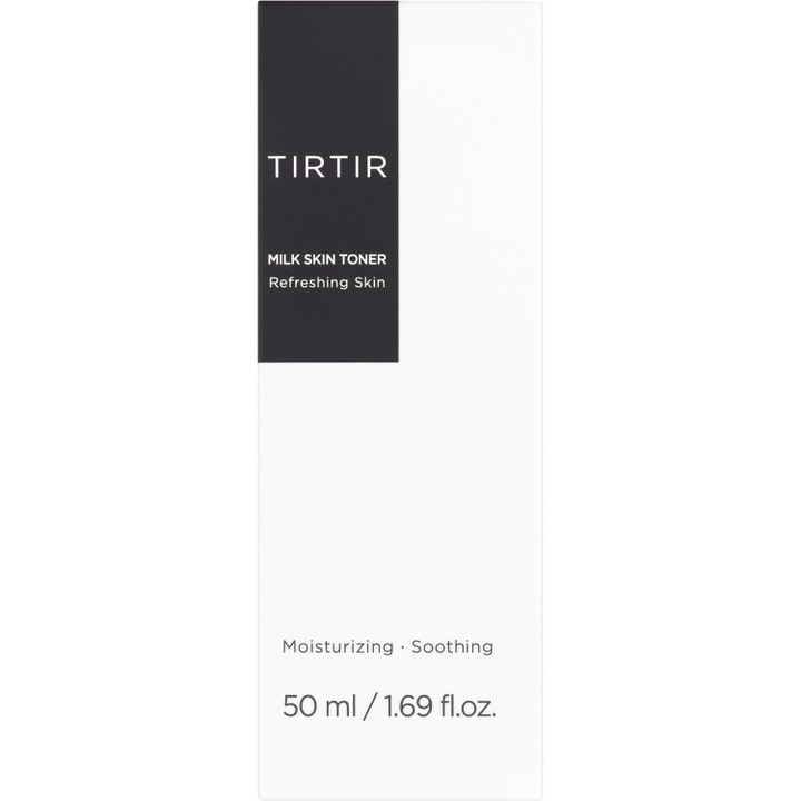TIRTIR Milk Skin Toner 50 ml fugtgivende toner i hvid papæske med sort tekstfelt der beroliger huden.