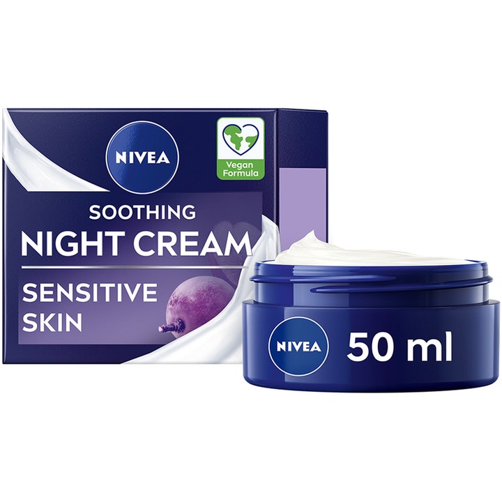 Nivea Soothing Night Cream 50 ml beroligende natcreme til sensitiv hud i mørkeblå krukke med hvid creme og papæske