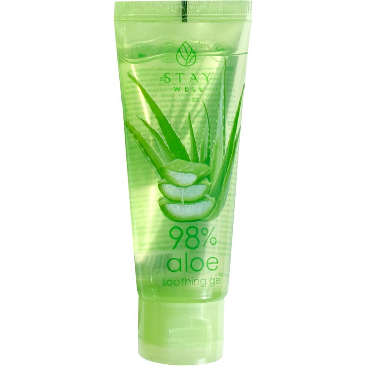 Stay Well 98% Aloe Soothing Gel beroligende gel der giver fugt i en grøn gennemsigtig tube med aloe vera-blade.
