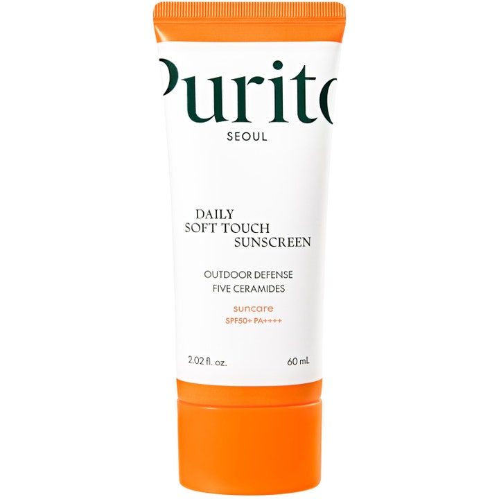 Purito Seoul Daily Soft Touch Sunscreen 60 ml solcreme med ceramider i hvid tube med orange detaljer og SPF 50
