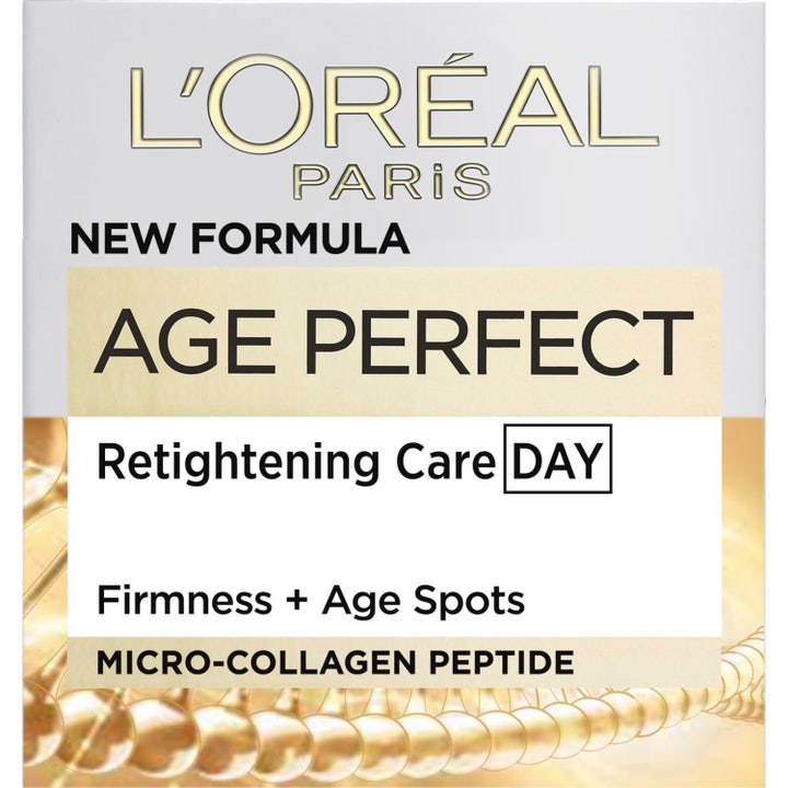 L'Oréal Paris Age Perfect 50 ml opstrammende dagcreme mod alderspletter i hvid og guld æske med New Formula tekst.