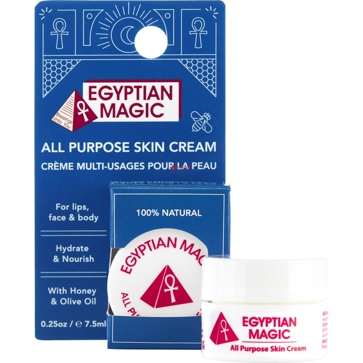 Egyptian Magic All Purpose Skin Cream 7,5 ml nærende universalkrem i hvid krukke foran blå papemballage