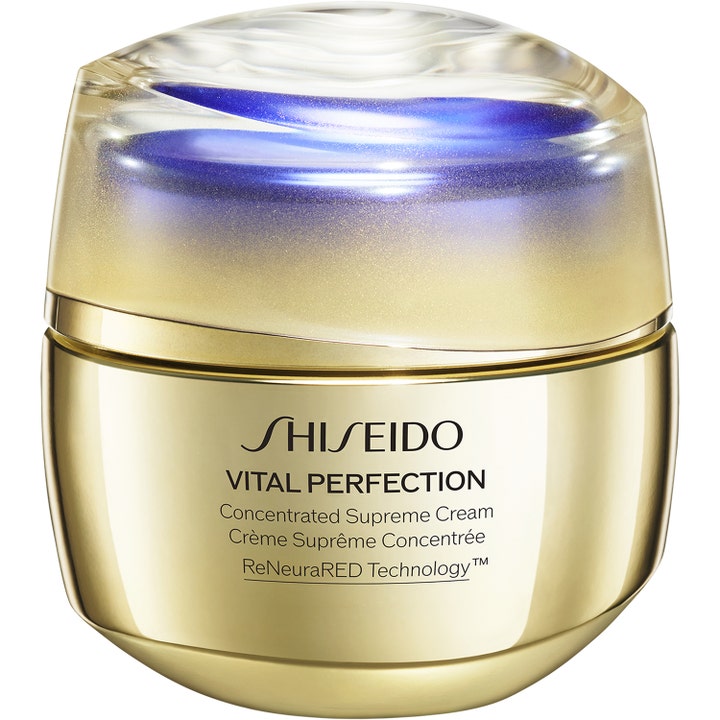 Shiseido Vital Perfection Concentrated Supreme Cream opstrammende ansigtscreme i en guld krukke med lilla og guld låg