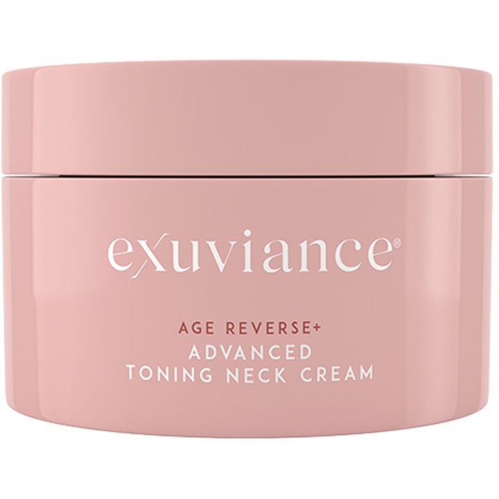 Exuviance Age Reverse+ Advanced Toning Neck Cream 80 g opstrammende halscreme i en lyserød krukke med hvid tekst