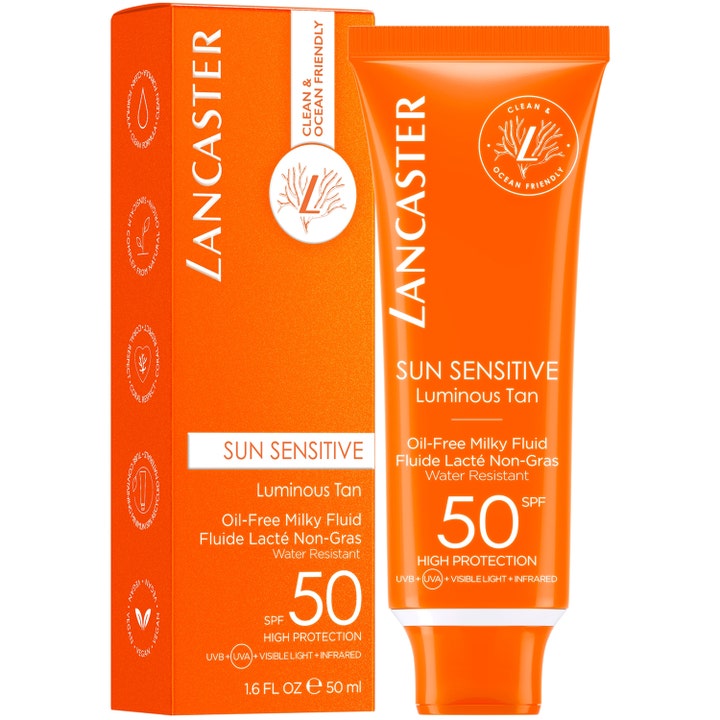 Lancaster Sun Sensitive Oil-Free Milky Fluid 50 ml SPF 50 solcreme i orange tube og æske til sensitiv hud