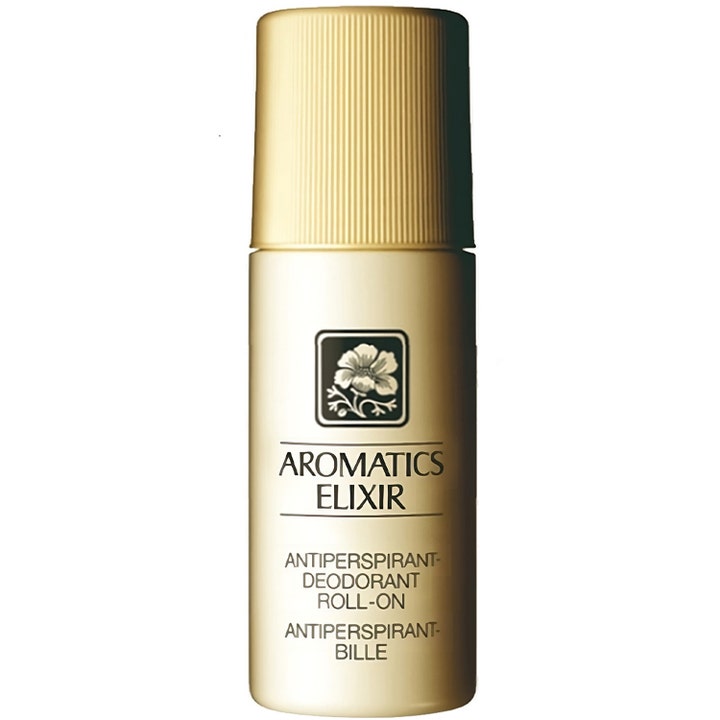 Clinique Aromatics Elixir Antiperspirant-Deodorant Roll-On i beige beholder med riflet guldlåg og blomsterlogo.