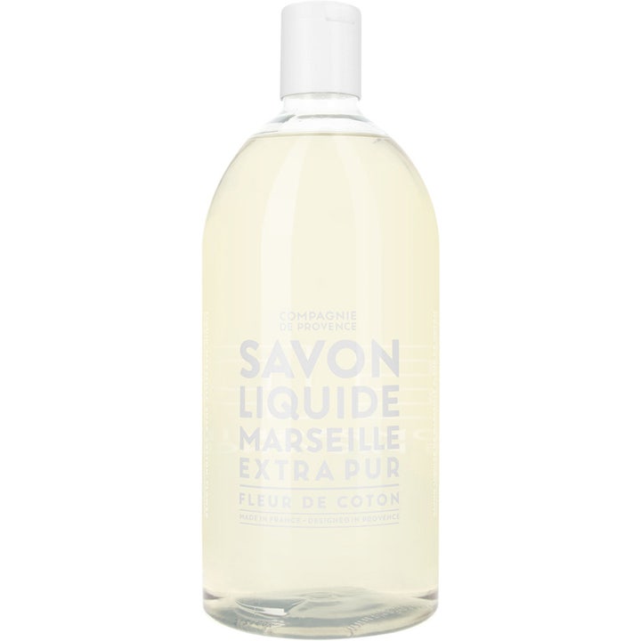 Compagnie de Provence Savon Liquide Marseille 1000 ml flydende sæbe i gennemsigtig plastflaske med hvidt låg